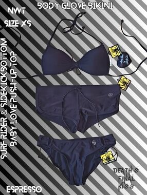 Body Glove Espresso Brown Push-up Bikini Baby Love Sidekick Shorts Surf Rider XS